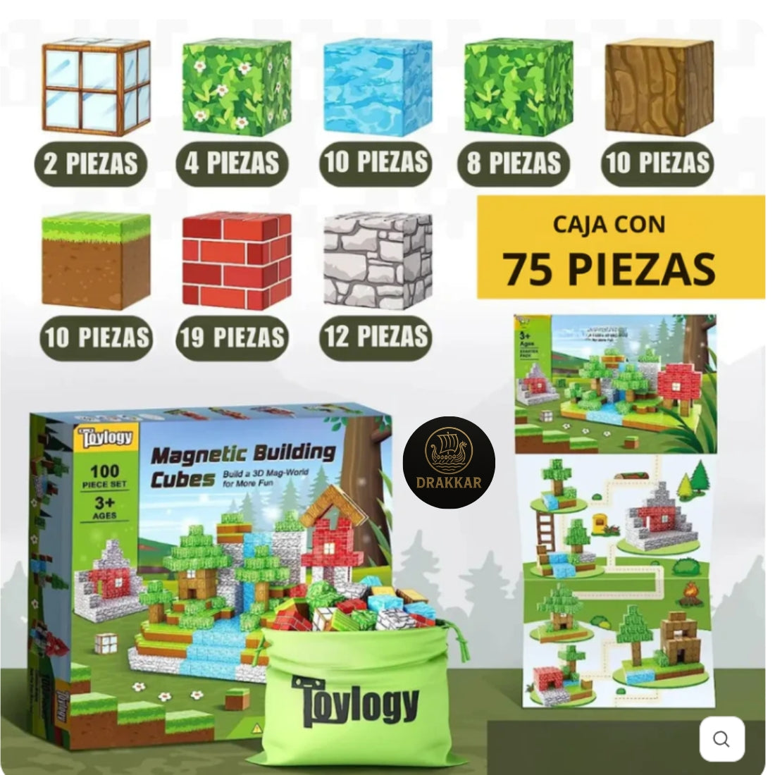 Bloques Magnéticos Bosque Niños 75 PCS